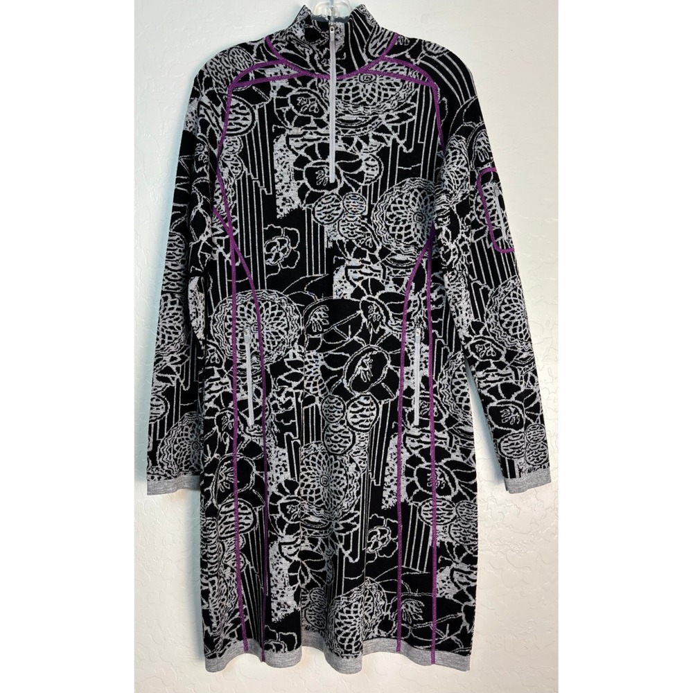 Title Nine Merino Wool Quarter Zip Sweater Dress Black Grey Floral Womens M 2181